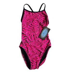 NWT Dolfin 1-Piece Competition Swim Suit Pink/Black Geo Women's 10 Chest Size 36